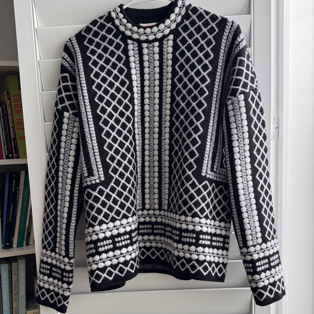 Tory Burch Black and White Patterned Crewneck Sweater